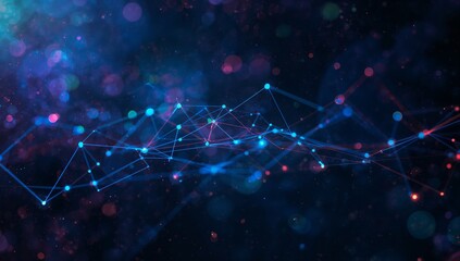 Floating abstract network linking glowing nodes with lines in space, with colorful bokeh particles