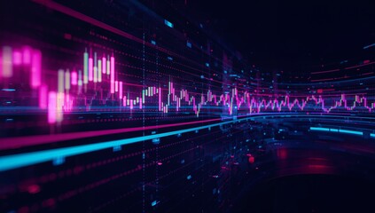 Displaying 3D neon candlestick bars and grid lines in trading interface, with glowing light streaks
