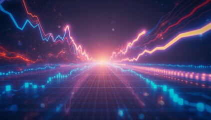 Extending glowing grid floor and converging neon lines in virtual data space, with candlestick bars