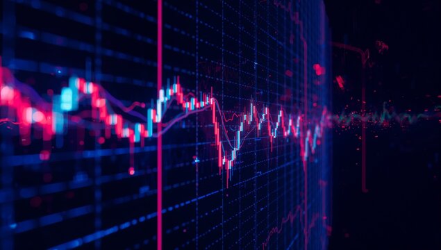 Displaying market data on dashboard, with axes, pink cyan candlestick bars, averages, data markers