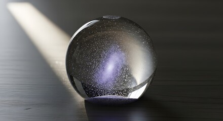 Transparent Snow Globe with Miniature Nebula Swirling Inside, Purple-Blue Cosmic Gas and Micro Dust Particles, Matte Dark Wood Surface