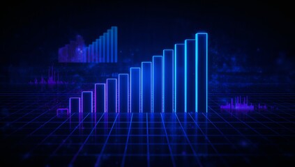 Displaying neon bar chart ascending on dark 3D grid floor, with chart overlays and light particles