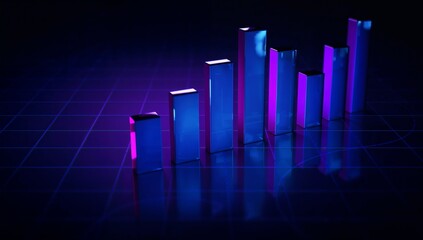 Displaying eight bars with blue and purple lighting rising on grid floor in 3D space