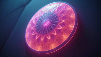 Displaying circular LED neon art installation mounting on wall panel in lounge glowing triangles