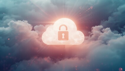 Floating glowing cloud icon showing padlock amid sky clouds with radiant rays and digital particles