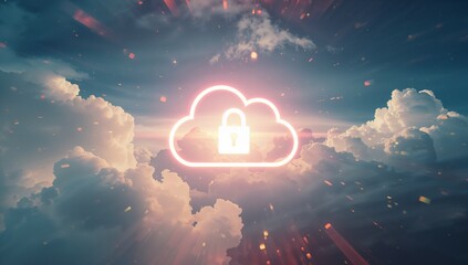 Floating neon cloud icon glowing in abstract sky, with padlock symbol, digital particles, sun rays