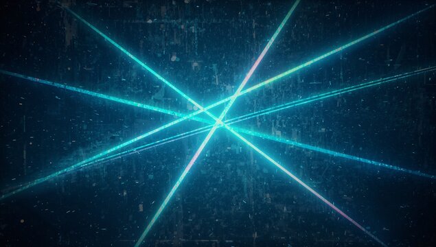 Converging six glowing neon beams forming pattern in virtual grid, with floating data fragments