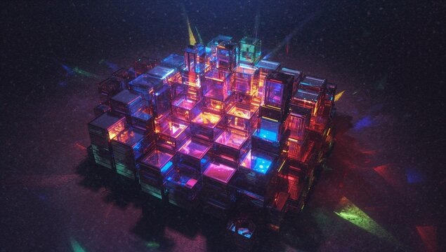 Glowing cluster of glass cubes refracting neon lights on dark platform, with floating particles