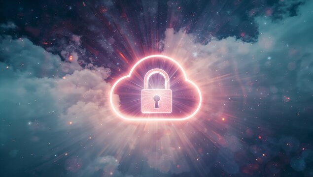 Glowing neon cloud icon radiating radial rays in cosmic backdrop, with padlock and floating specks