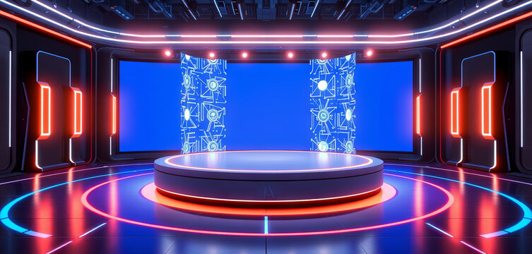 A modern stage features a blue backdrop with neon lights and graphic displays, ready for presentations and events. The circular platform is illuminated, creating an engaging space