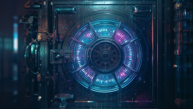 Glowing circular vault locking mechanism pulsing neon lights in secure vault, with control modules - Powered by Adobe
