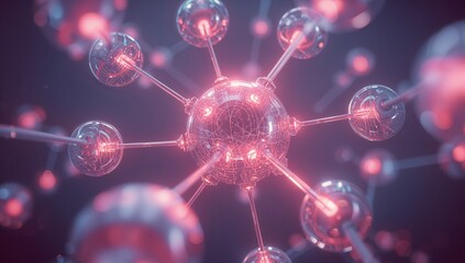 Displaying central sphere glowing red circuit in future grid, with radial rods linking outer nodes