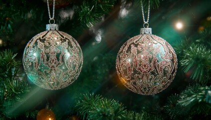 Glittering filigree-patterned ornaments hanging on Christmas tree branches, with warm white lights