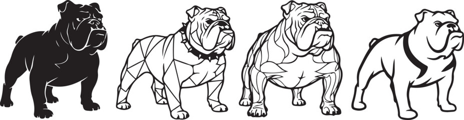 Obraz premium Black and white vector illustration of a horse and lion, along with a brown sharpei puppy sitting, portrait of a purebred domestic animal