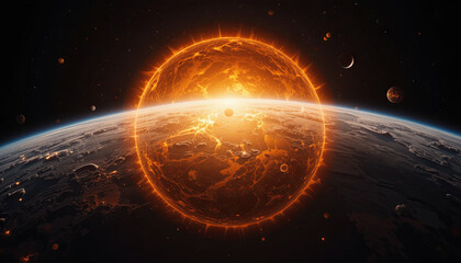 Obraz premium A stunning scene captures a fiery sun rising above a cloud-covered planet. Surrounding celestial bodies twinkle in the vast darkness of space, creating a breathtaking cosmic view