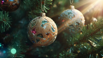 Displaying gold glitter Christmas bauble hanging on needles on Christmas tree with blurred bauble