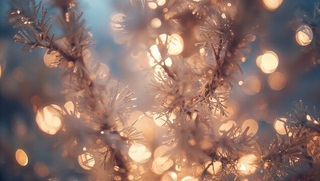 Frosted artificial evergreen branch showing glittery needles in holiday interior, with lights bokeh - Powered by Adobe