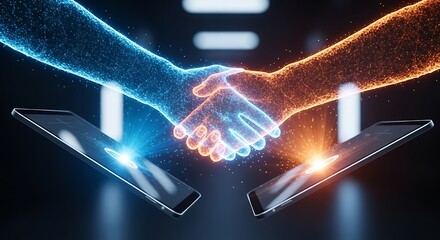 Digital handshake of glowing particles connecting two futuristic smartphones
