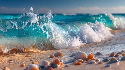 Refreshing, energetic photorealistic close-up of ocean waves crashing onto a sandy beach, creating white foam and capturing the raw power of the sea.
