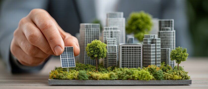 A hand holding a model of a city with a solar panel on top of a building