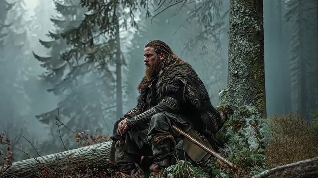 Reflective Warrior in a Misty Forest Setting