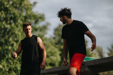 Two men play table tennis outdoors, showcasing athleticism, concentration, and friendly competition in a park setting with greenery and sunlight.
