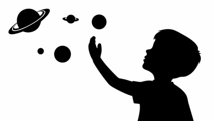 Silhouette of a boy reaching for planets and celestial bodies in a monochrome outer space dreamscape scene