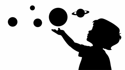 Silhouette of a child reaching for planets including saturn in a black and white space scene illustration