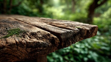 Fototapeta premium Rustic, photorealistic close-up of the edge of a weathered wooden table. The focus is on the rough texture and grain of the wood against a green forest.