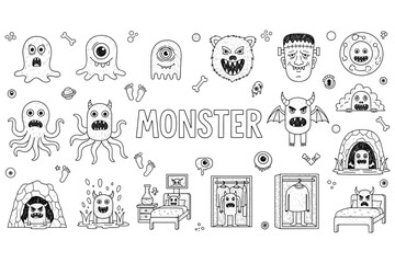 Cartoon monster doodles collection: whimsical creatures in various scenes