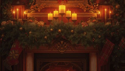 Flickering pillar candles casting warm glow on wooden mantel, with evergreen garlands and stockings