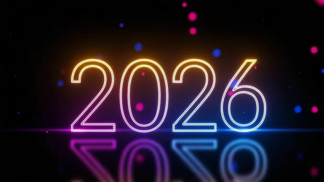 Neon 2026 year glowing numbers with bokeh lights and reflection on dark background futuristic