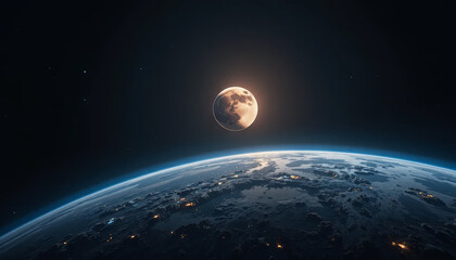 A stunning view of Earth and the Moon during a lunar eclipse. The dark backdrop highlights distant stars and the curvature of Earth's surface, creating a serene cosmic scene