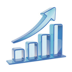Blue bar graph with upward arrow a 3D render showing growth and success isolated on white background