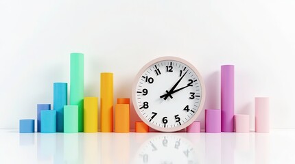 A creative concept of time and data, a large analog clock with black numbers and hands is overlaid on colorful 3D bar graphs.