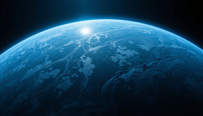 Fototapeta premium This scenic view captures Earth from space at sunrise, showcasing vibrant blue tones and the intricate patterns of land and water. The sun illuminates the surface beautifully