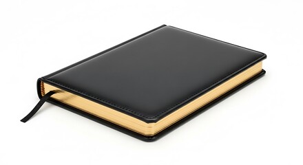 Closed black leather bound book with gilded pages and ribbon marker