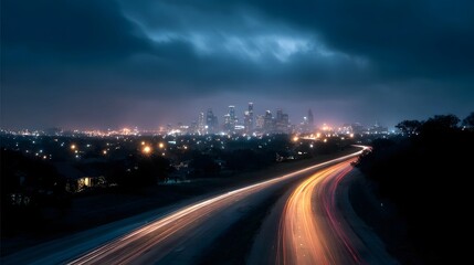 Cityscape with glowing highway light trails at dusk under dramatic clouds