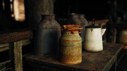 Fototapeta premium Milk cans of various ages gather dust on a sturdy wooden table inside a rustic barn. The soft light creates an inviting atmosphere, evoking memories of farm life.