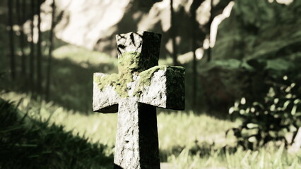 A weathered stone cross stands in a tranquil forest glade, surrounded by lush greenery and illuminated by soft golden hour light. Nature embraces this sacred site, creating a peaceful atmosphere.