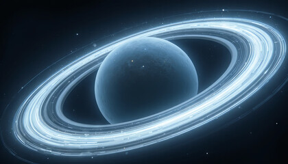 A stunning ringed planet floats in deep space, surrounded by a dark starry background. Bright rings encircle the planet, creating a striking visual contrast against the cosmos
