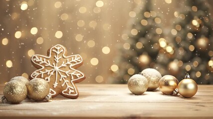 Golden spheres rest on wood, reflecting soft light, creating warm, festive atmosphere, suitable for commercial use collection of golden spheres resting