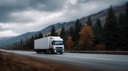 Obraz premium White semi trailer truck driving on a highway through a scenic autumn mountain landscape under a cloudy sky