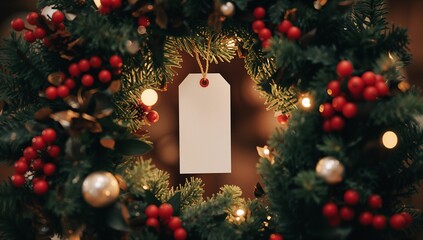 Displaying evergreen wreath hanging at home, with blank tag, red berries, baubles and fairy lights
