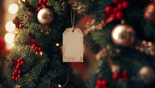 Displaying gift tag with gold filigree inside home amid evergreen garland, berries, white bauble