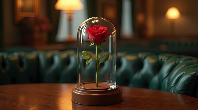 Single red rose encased in a transparent glass dome with a wooden base - Powered by Adobe
