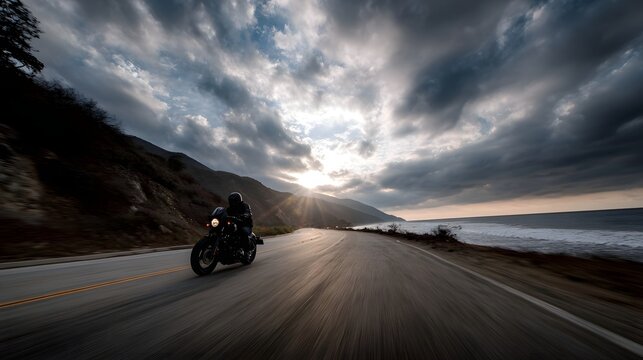 A lone motorcycle rider navigates a winding coastal highway during a dramatic sunset with the ocean stretching out beside the road - Powered by Adobe