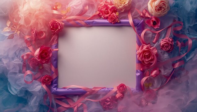 Displaying flat-lay featuring ribbon-wrapped frame on tabletop, with roses and pastel tulle - Powered by Adobe