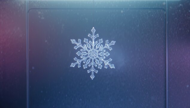 Displaying hexagonal snowflake crystal resting on smooth dark panel, with tiny ice particulates