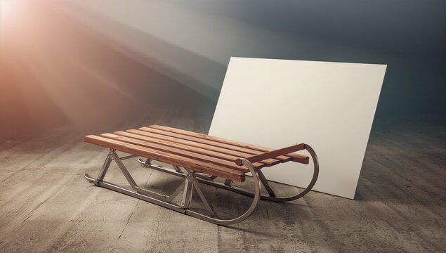 Featuring wooden sleigh resting on concrete floor in warehouse, with metal runners and white board - Powered by Adobe